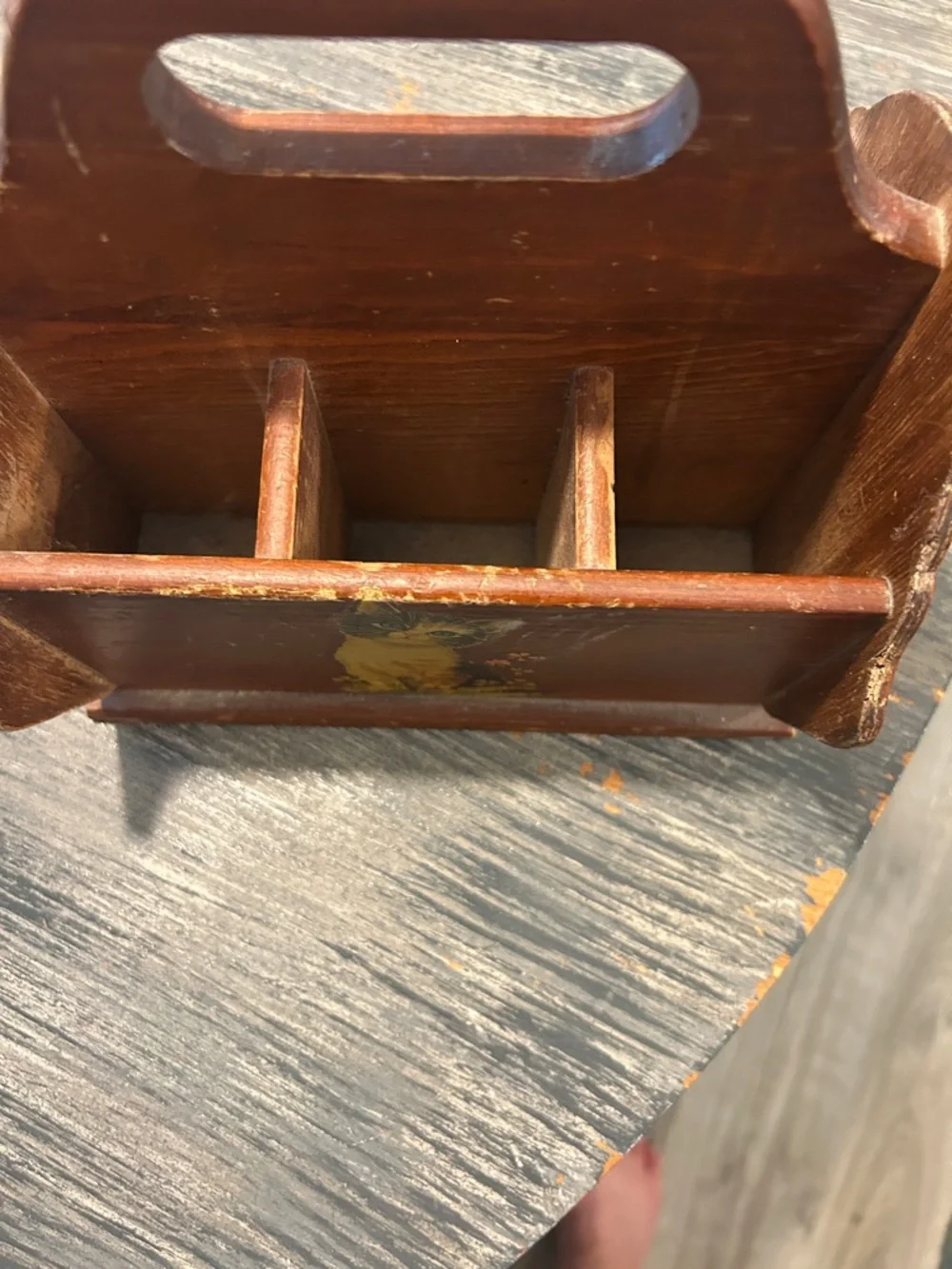 Vintage-Style Brown Wooden Cat Caddy with Yellow Kitten Decals Cute Core